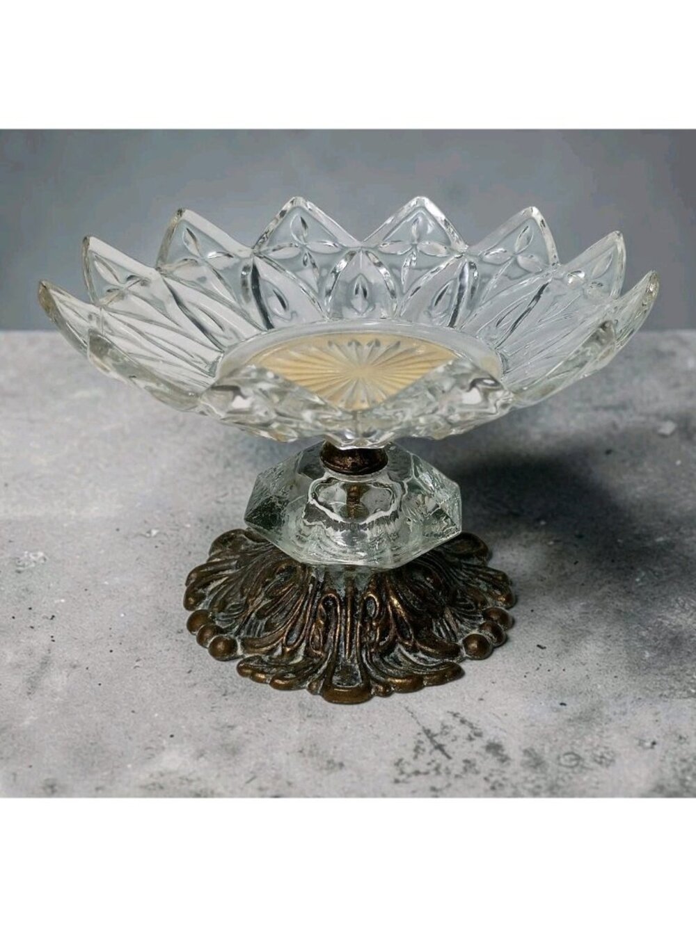 Vintage Accurat Crystal Brass Pedestal Compote Candy Dish 4" Hollywood Regency